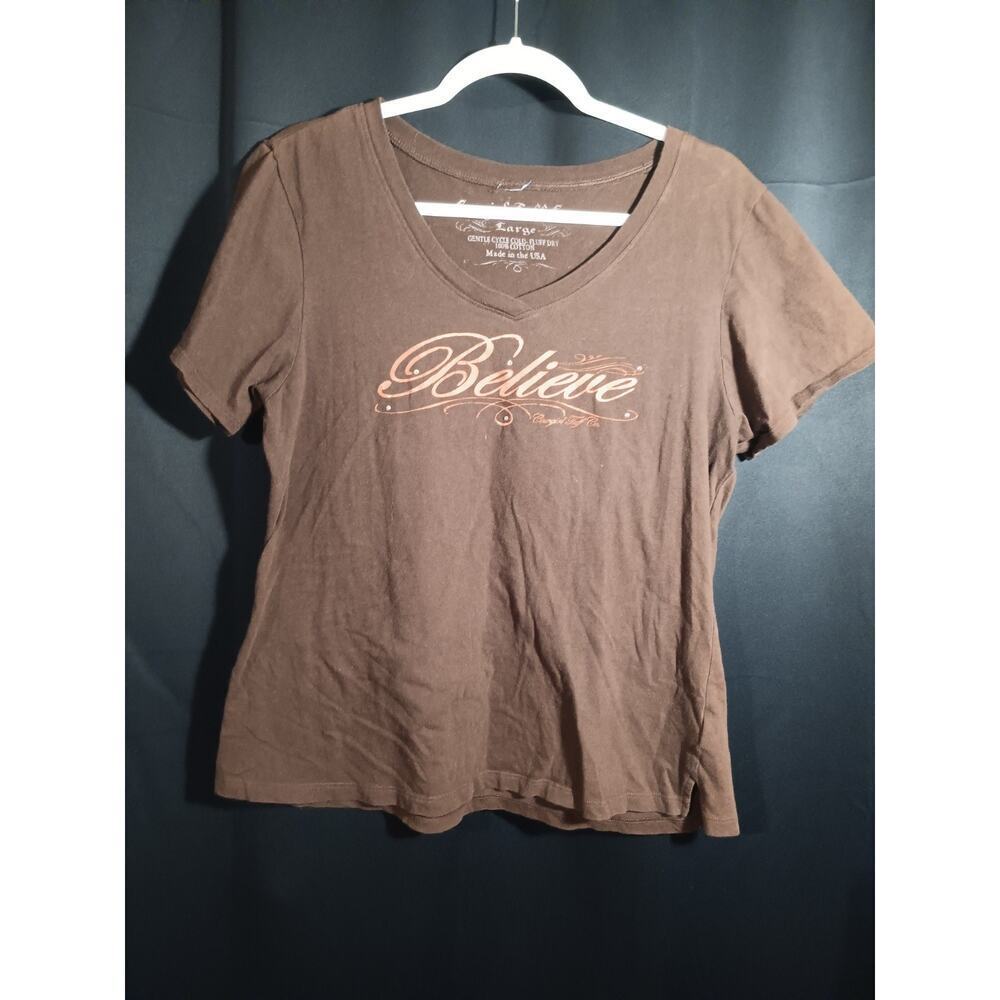 Cowgirl Tuff Women’s L Brown Y2K Believe Victory Cross Wings Bling USA Made Tee